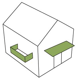 En enkel skiss på ett hus med solceller på balkongräcke och skärmtak.