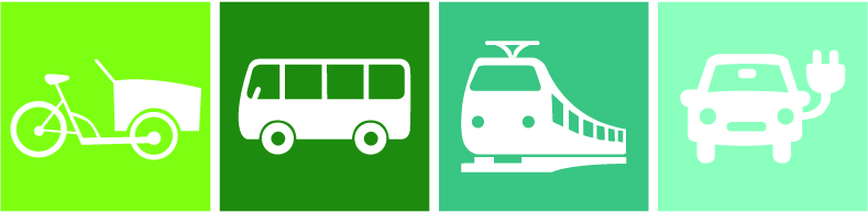 grafisk bild av elcykel, buss, tåg och elbil