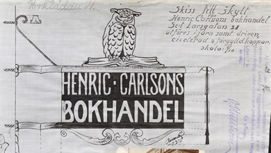 Skiss till skylt för Henric Carlsons bokhandel med en uggla sittande på en uppslagen bok