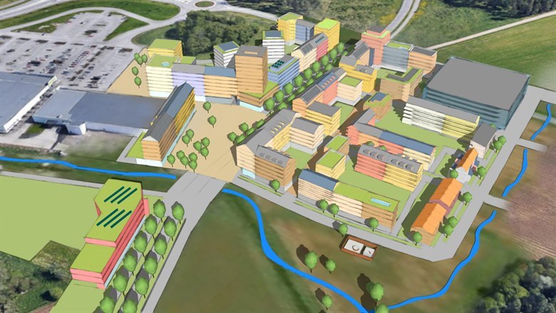 Datoranimerad illustration över planerad bebyggelse. Flervåningshus i olika färger, gator och grönska.