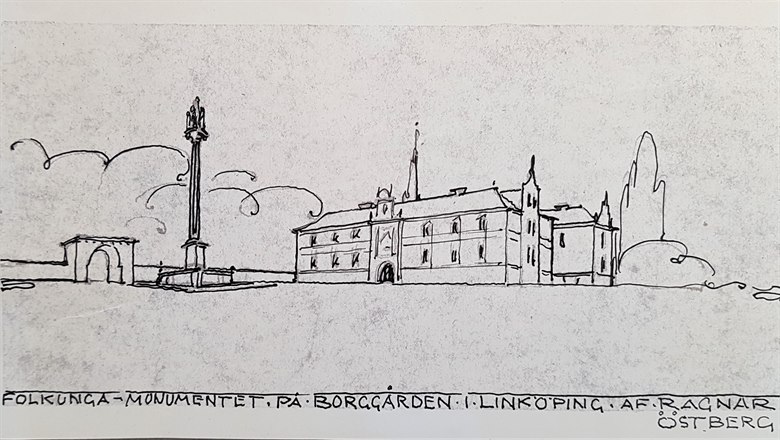 Skiss på Folkungamonumentet på yttre borggården Bild: Linköpings stadsarkiv