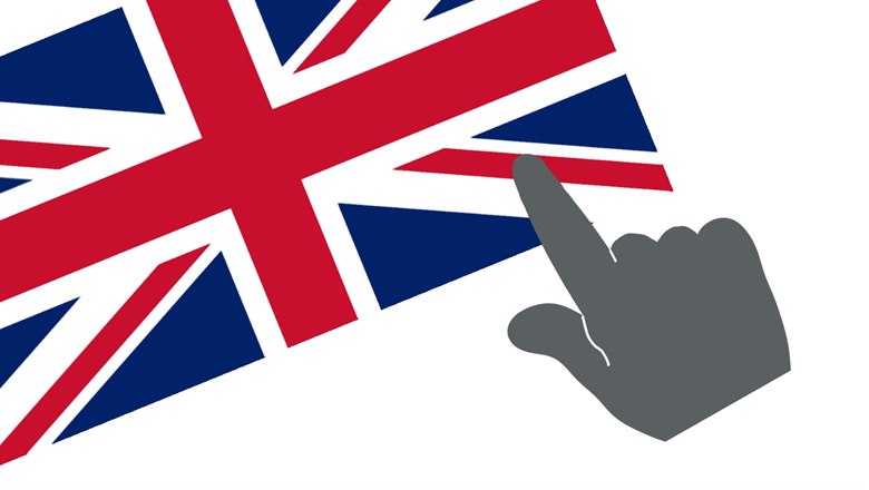 Symbol för engelska. En hand som pekar på en engelsk flagga.
