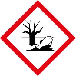 Farosymbol för miljöfarlig produkt med ett dött träd och en död fisk