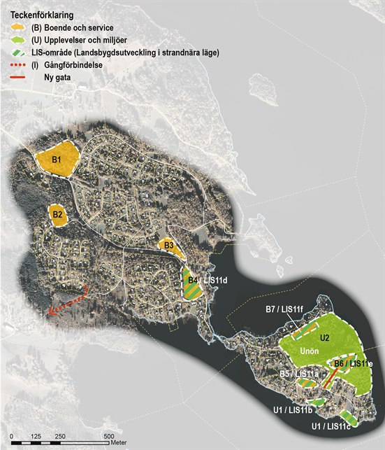 Karta som visar olika utvecklingsområden i Svartmåla, Kallvik och Unön