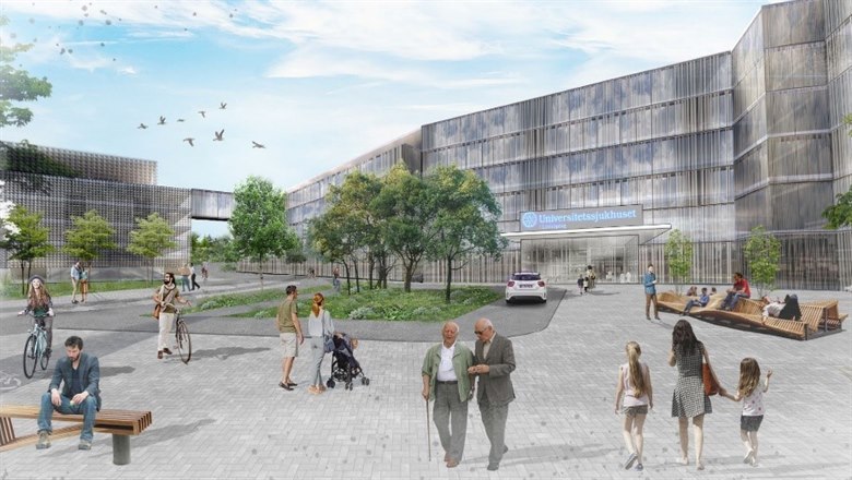 Bild som visar en vision för hur Universitetssjukhusområdet kan komma att se ut i framtiden. I förgrunden människor som går, cyklar och sitter. I bakgrunden syns byggnader, träd och grönska.