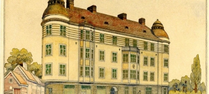 Skiss på fastigheten Hospitalstorget 1 från 1910 med människor på torget i förgrunden