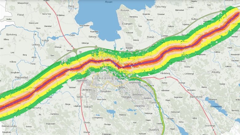 Karta som visar utbredningen av buller från tågtrafik