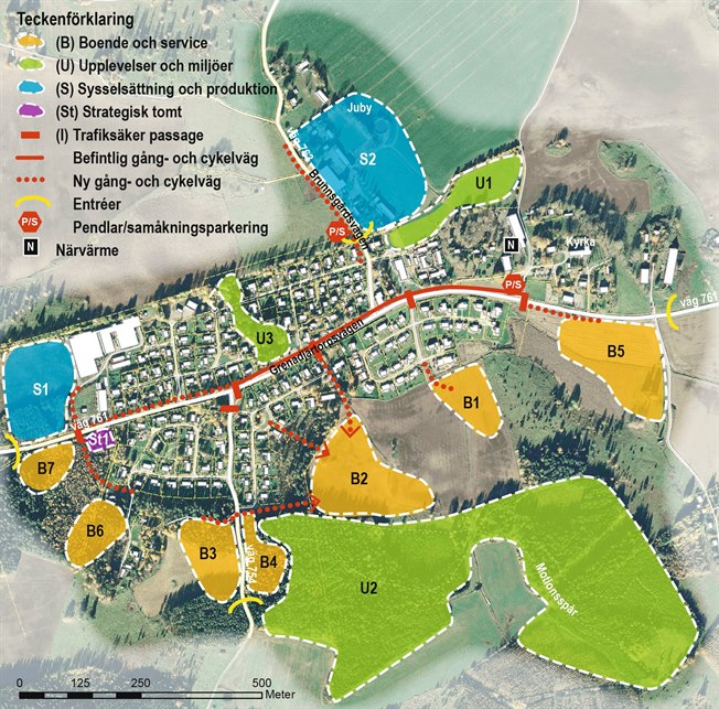 Kartan visar olika utvecklingsområden i Askeby.