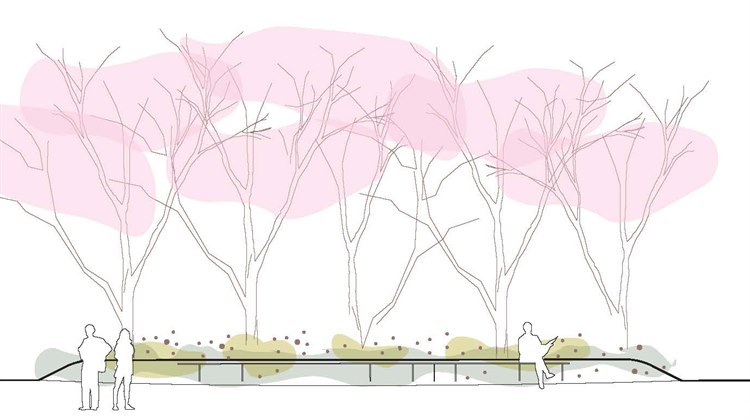 Illustration Järnvägsparken. Rosa målade träd syns, nedanför går två människor. De syns som streckgubbar.