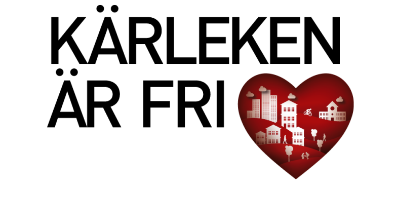 Logo för Kärleken är fri ett stödsamarbete om hedersrelaterat våld och förtryck. Ett rött hjärta och i hjärtat finns vita siluetter av hus, träd och människor