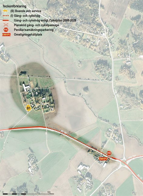 Karta som visar olika utvecklingsområden i  Vårdsbergs kyrkby