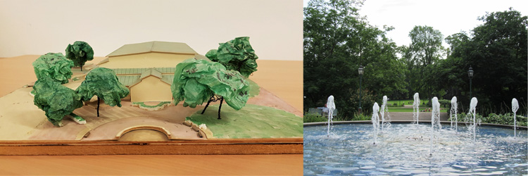 Modell över tänkt Konserthus i Trädgårdsföreningen och en bild på hur platsen ser ut idag