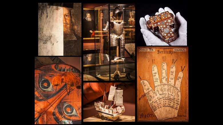 Kollage med sex föremål av kuriositetskabinettets utbud såsom en rustning, en tavla och ett segelfartyg i miniatyr.