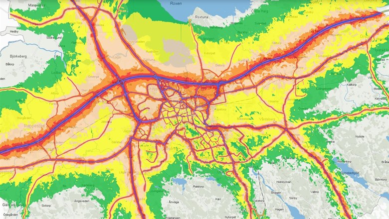 Karta som visar utbredningen av buller från vägtrafik