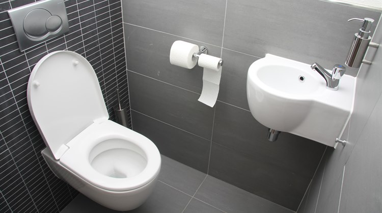 En toaletstol och ett handfat på en toalett med grått kakel och klinker