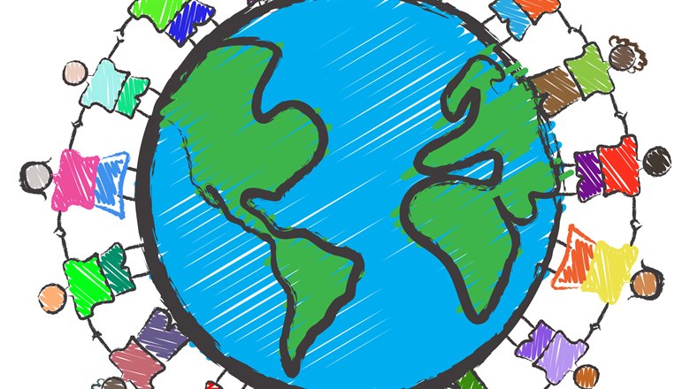 En tecknad jordglob med barn som står in en ring runt hela globen och håller varann i händerna