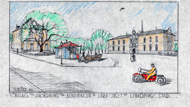 Teckning av bensinkiosk vid Järntorget från början av 1900-talet.