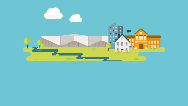 Illustrerad teckning på simhall, hus och skola. I förgrunden syns en å och grönska.