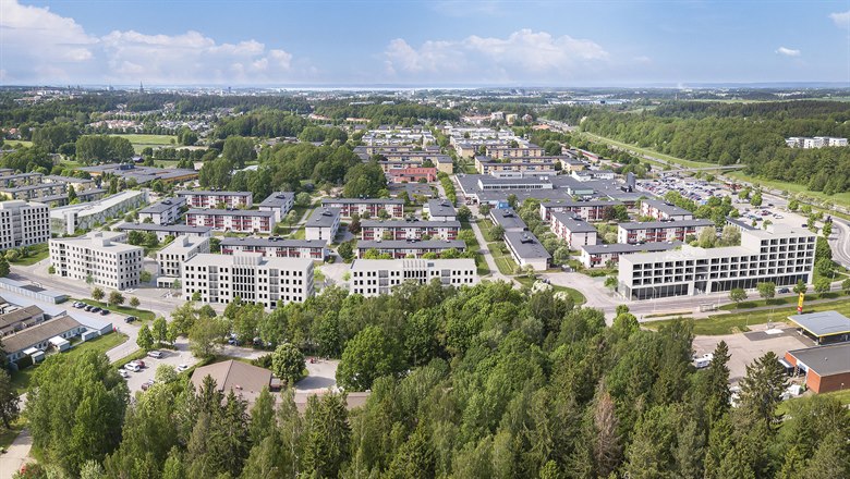 Flygfoto över del av Ekholmen med träd och bebyggelse. Planerad bebyggelse inritad i fotot. Flervåningshus i vitt.