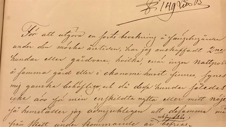 Handskrivet brev från fängelsedirektör om befrielse från hundskatt 1865
