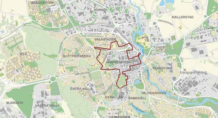 Karta över Linköping centrala delar som visar området för riksintresset kulturmiljövården. 