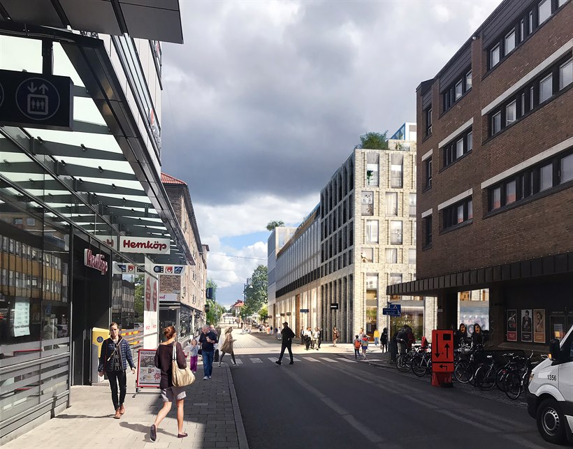 Visionsbild på hur föreslagen bebyggelse kan se ut. Vy längs Storgatan.
