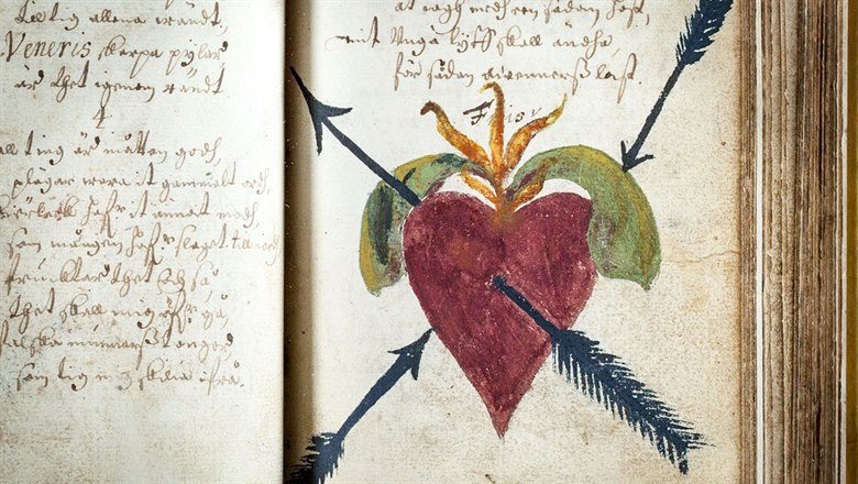 Utdrag ur Samuel Älfs Wisbok som visar ett hjärta beskuret med pilar