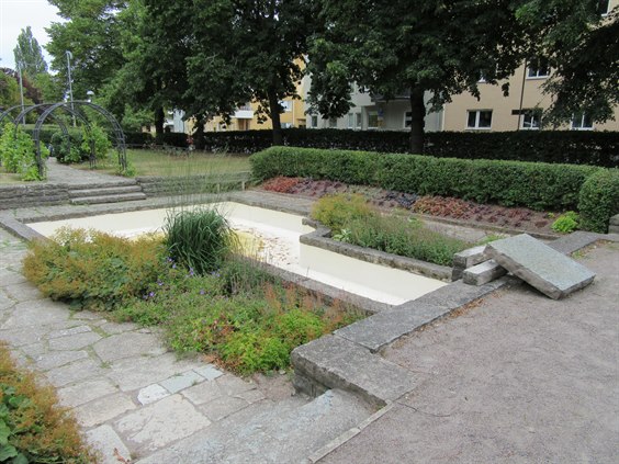 Hugo Theorells damm vid Katedralskolan omgärdad av planteringar