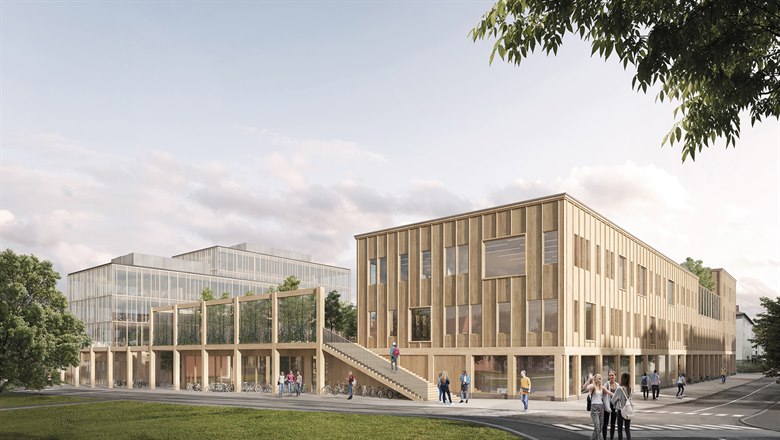 En visionär bild över hur Kungsbergsskolan kommer se ut. Man ser även en skolgård med elever.