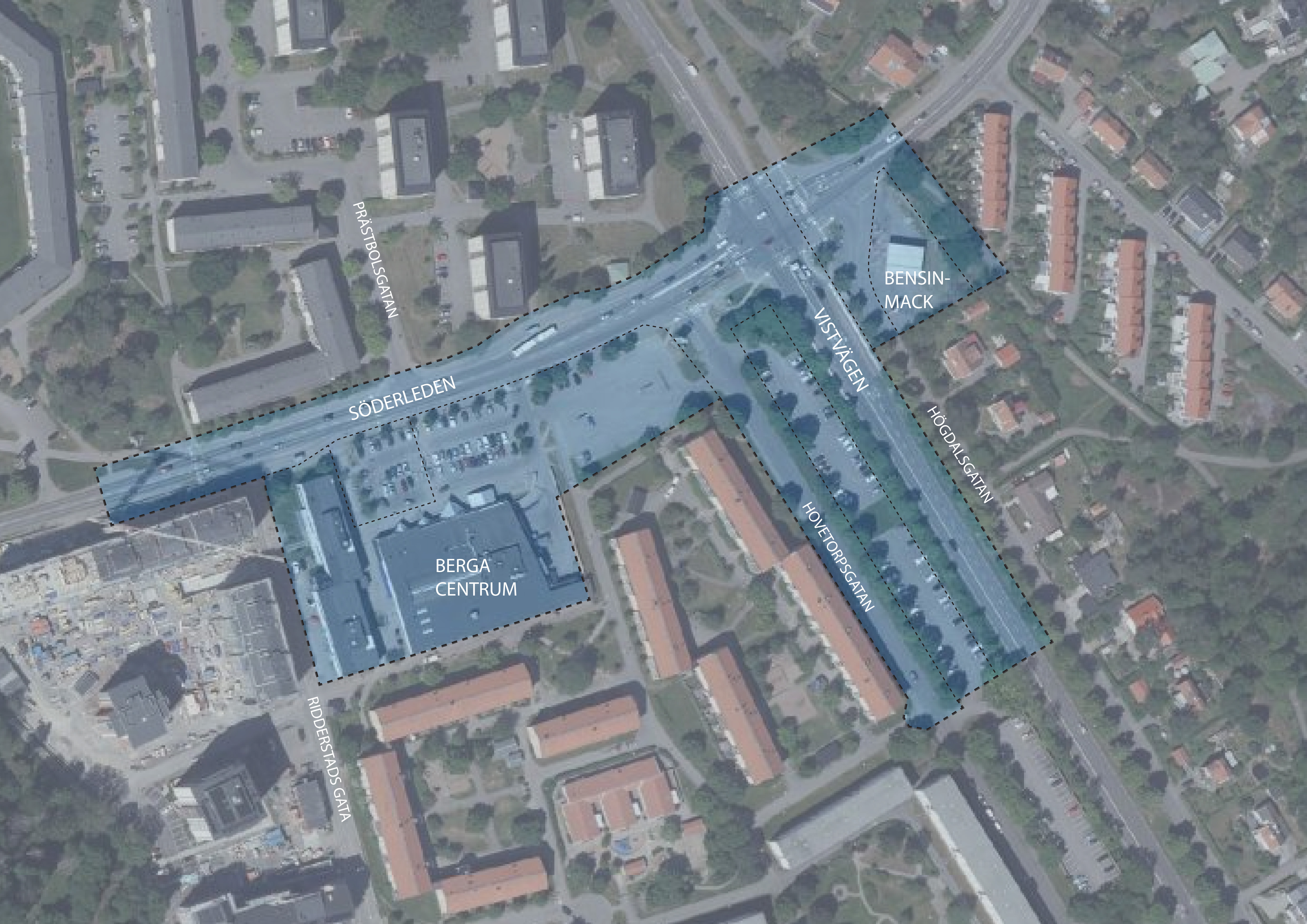 Karta över området med den nya detaljplanen för Berga centrum.