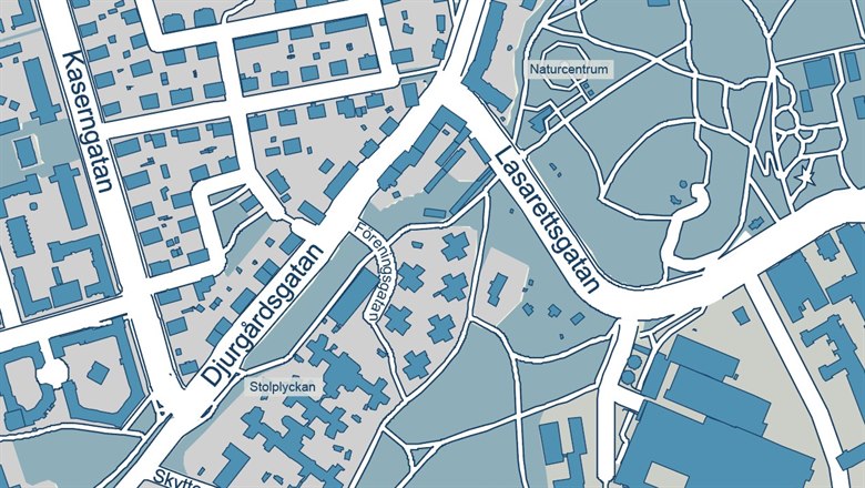 Karta som visar Djurgårdsgatan i höjd med Stolplyckan. Första etappen för ledningarbetet är markerad. Bland annat går den tvärs över Lasarettsgatan.