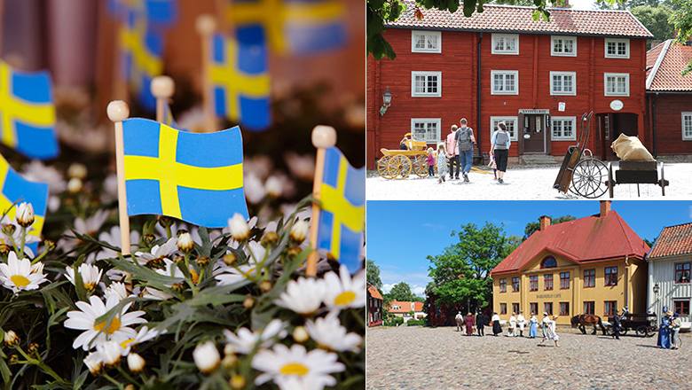 Till vänster krukväxt med små prästkragar med svenska pappersflaggor i. Till höger två motiv av byggnader i Gamla Linköping. 