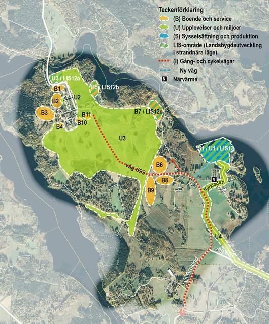 Karta som visar olika utvecklingsområden i  Vårdnäs-Västerby.