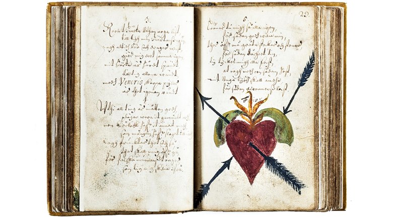 Utdrag ur Samuel Älfs Wisbok som visar ett hjärta beskuret med pilar