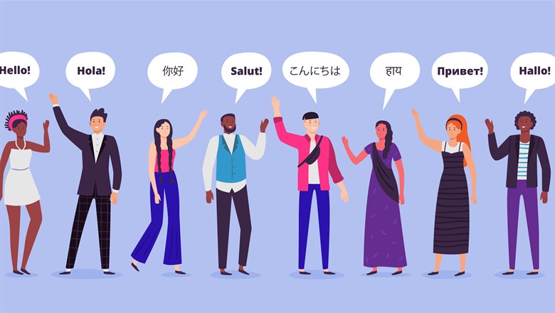 åtta animerade personer säger hej på olika språk, med pratbubblor över var och en.