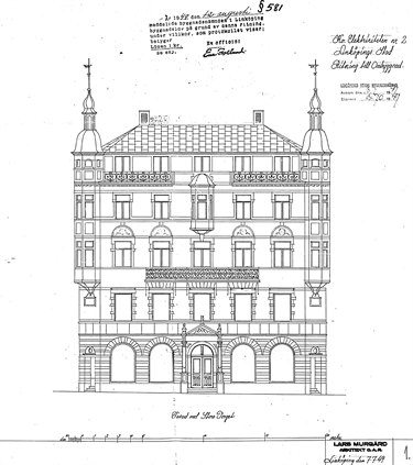Byggnadsritning på Jonn O Nilsons palats fasad från Stora torget