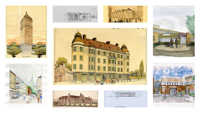 Collage av olika hus från Brunskogs arkitektkontor