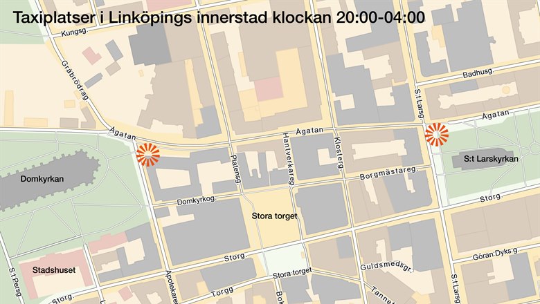 Karta över taxiplatser i Linköpings innerstad