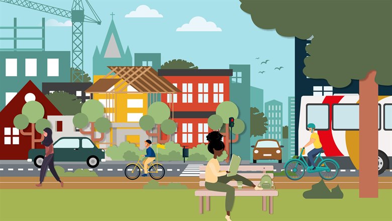 Illustration på stadsliv. I förgrunden människor som promenerar, cyklar och sitter på parkbänk. Buss och bil syns bakom. I bakgrunden syns hus och byggnader som håller på att byggas.